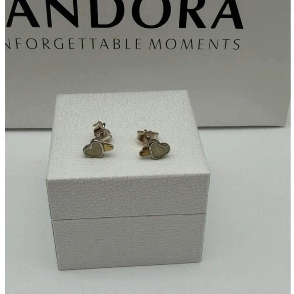 Pandora Two-Tone Heart Stud Earrings – White Enamel & Gold‎ Tone